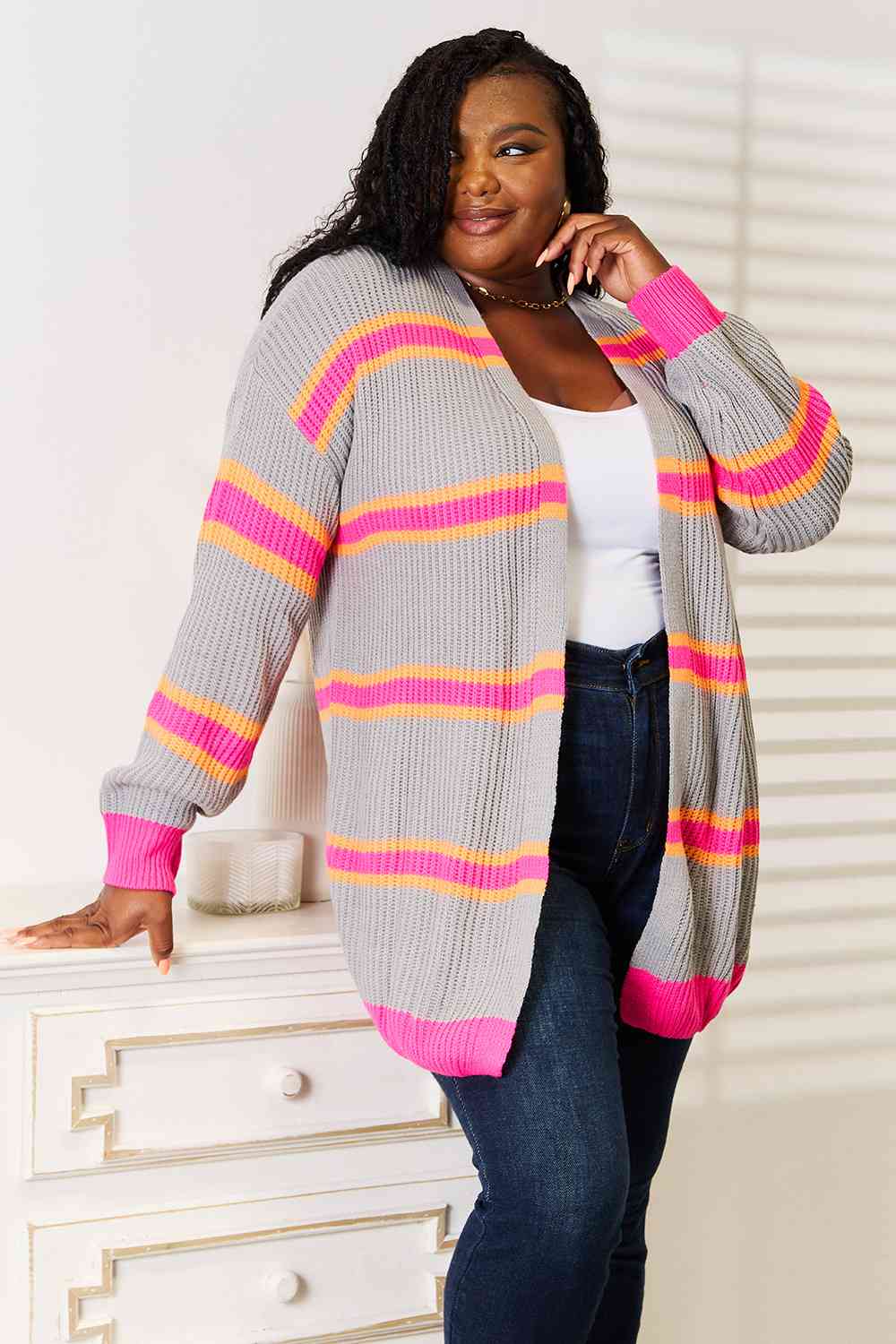 Woven Right Ribbed Long Sleeve Cardigan - Ladyez