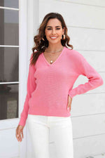 Ribbed V-Neck Dropped Shoulder Knit Top - Ladyez