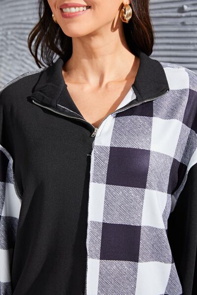 Plaid Exposed Seam Long Sleeve Blouse - Ladyez