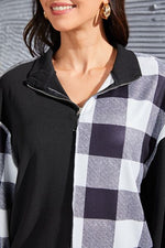 Plaid Exposed Seam Long Sleeve Blouse - Ladyez