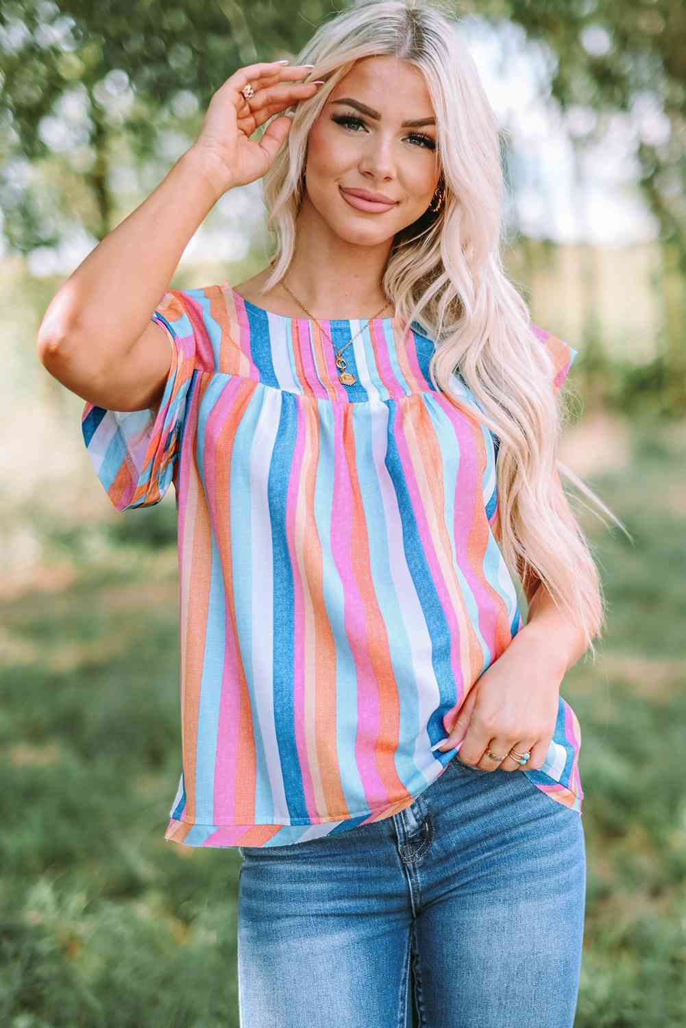 Multicolored Stripe Flutter Sleeve Blouse - Ladyez