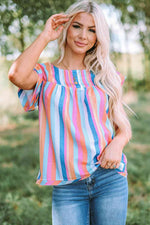 Multicolored Stripe Flutter Sleeve Blouse - Ladyez