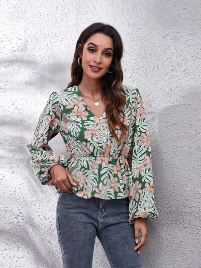 Floral V-Neck Balloon Sleeve Peplum Blouse - Ladyez
