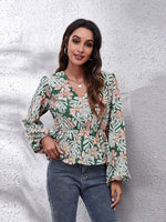 Floral V-Neck Balloon Sleeve Peplum Blouse - Ladyez