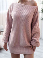 Rib-Knit Balloon Sleeve Boat Neck Sweater Dress - Ladyez