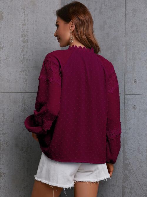 Crochet Tassel Tie Neck Long Sleeve Blouse - Ladyez