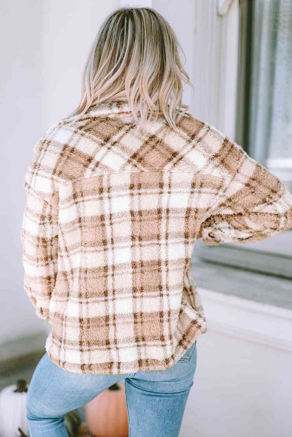Plaid Collared Neck Jacket - Ladyez
