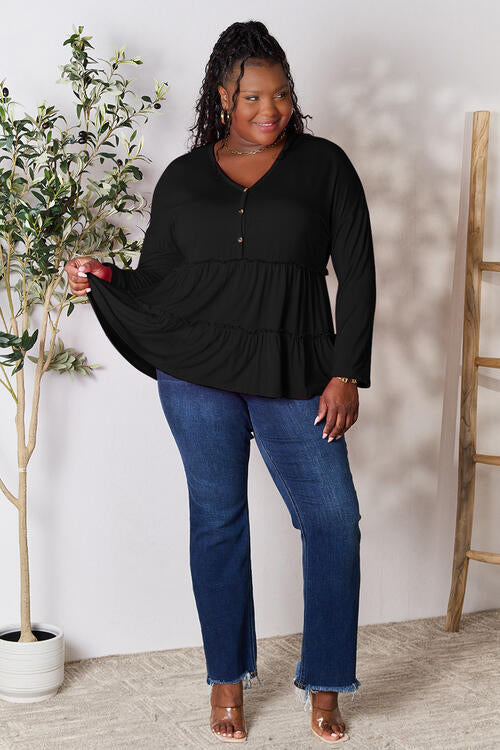 Double Take Half Button Long Sleeve Ruffle Hem Blouse - Ladyez