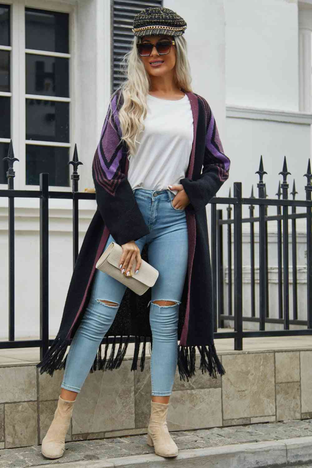 Double Take Geometric Fringe Hem Open Front Duster Cardigan - Ladyez