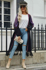 Double Take Geometric Fringe Hem Open Front Duster Cardigan - Ladyez