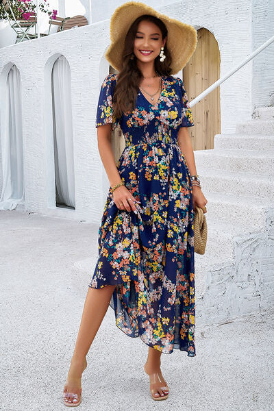 Smocked Floral V-Neck Short Sleeve Dress - Ladyez