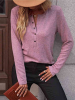 Round Neck Buttoned Long Sleeve T-Shirt - Ladyez