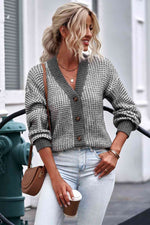 Woven Right Waffle-Knit Drop Shoulder Button-Down Cardigan - Ladyez