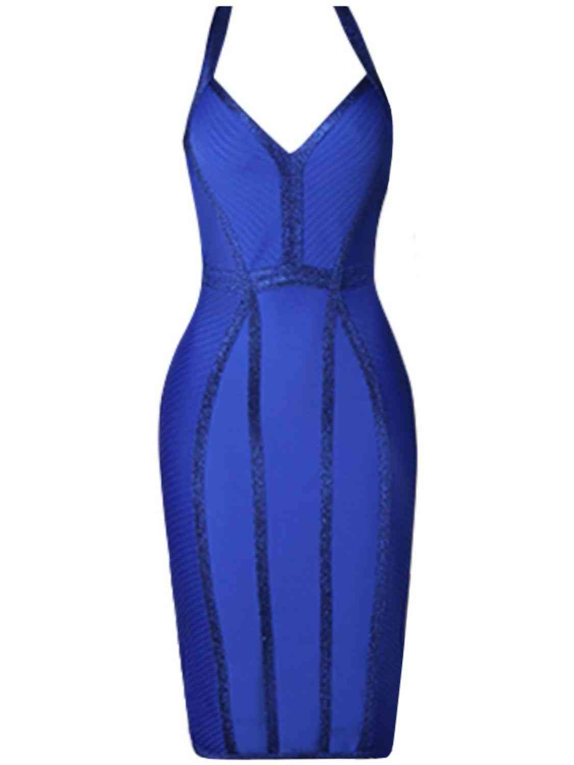 Glitter Seam Detail Halter Neck Slit Dress - Ladyez