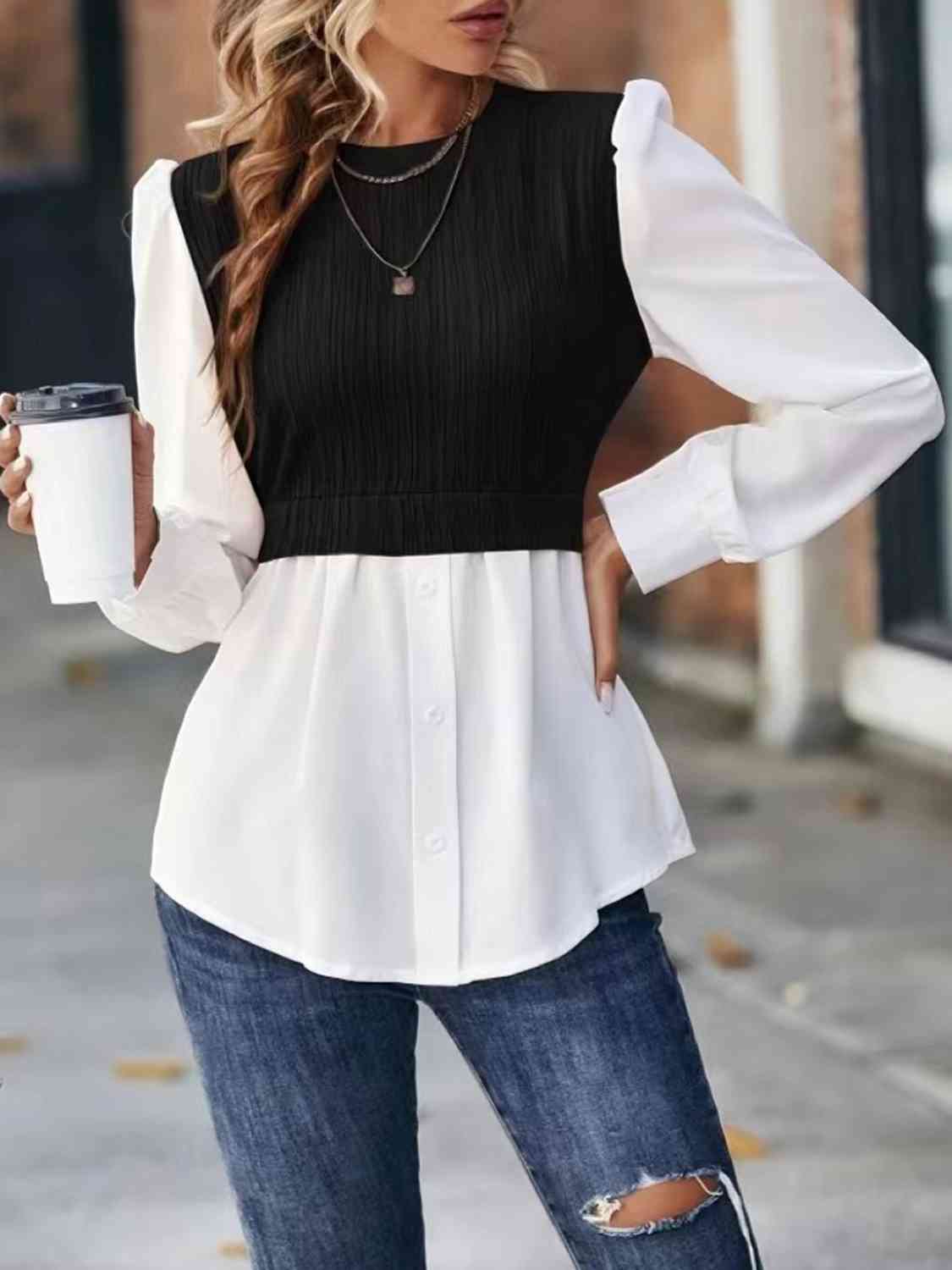 Contrast Round Neck Puff Sleeve Blouse - Ladyez