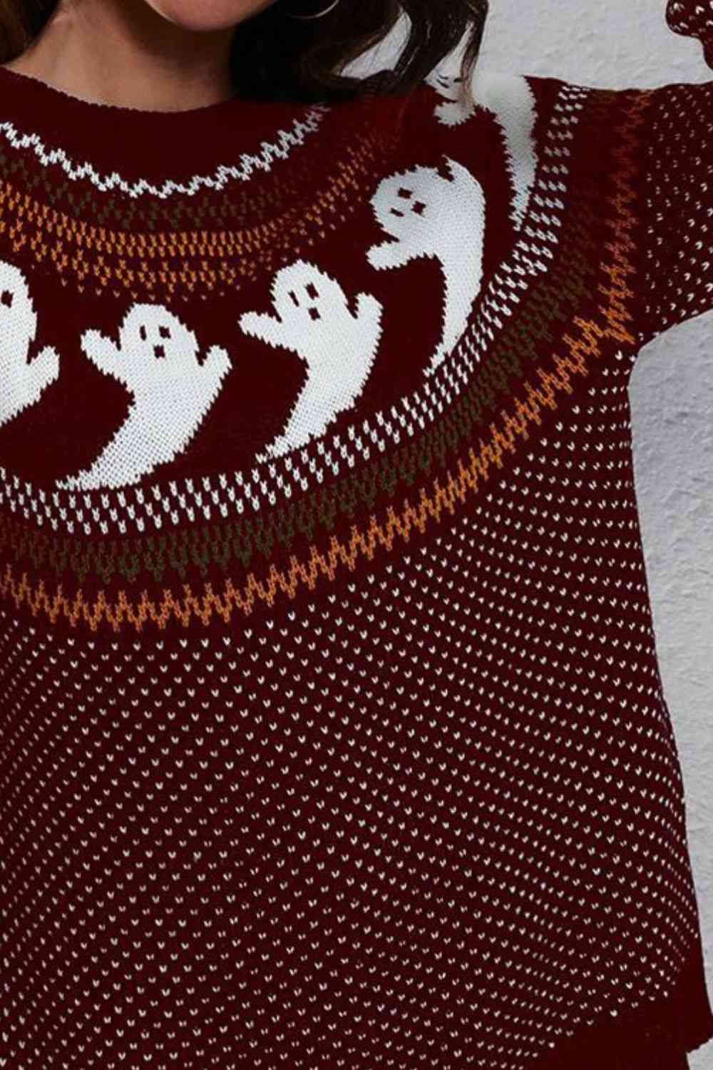 Ghost Pattern Round Neck Long Sleeve Sweater - Ladyez