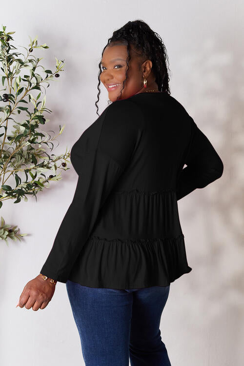 Double Take Half Button Long Sleeve Ruffle Hem Blouse - Ladyez