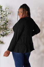 Double Take Half Button Long Sleeve Ruffle Hem Blouse - Ladyez