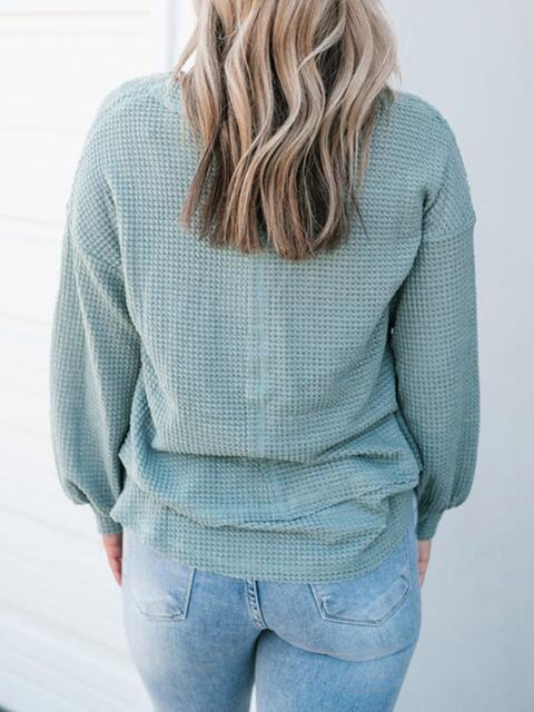 Waffle-Knit V-Neck Blouse with Breast Pocket - Ladyez