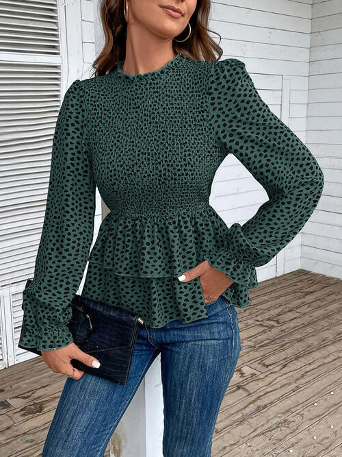 Printed Round Neck Smocked Flounce Sleeve T-Shirt - Ladyez