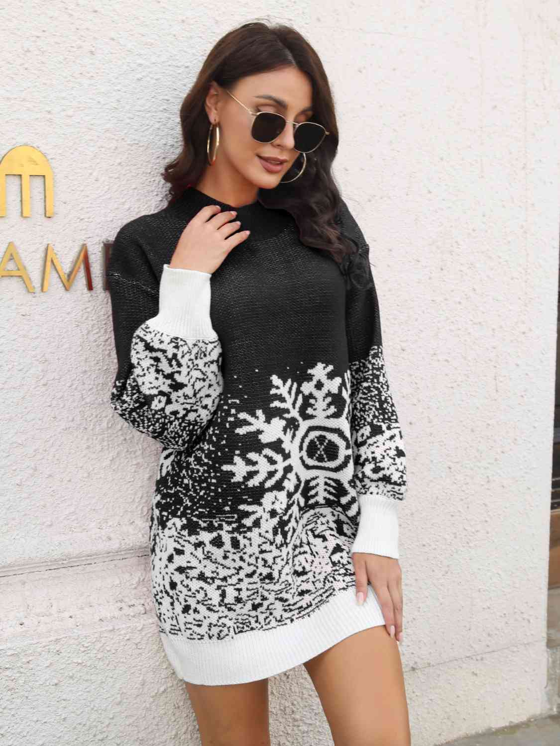 Snowflake Pattern Sweater Dress - Ladyez