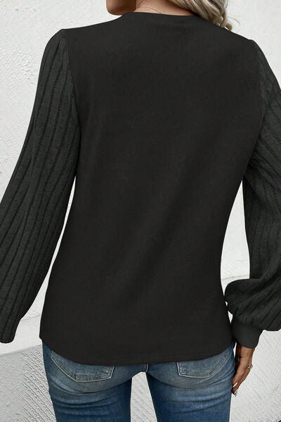 Ribbed Round Neck Long Sleeve Knit Top - Ladyez