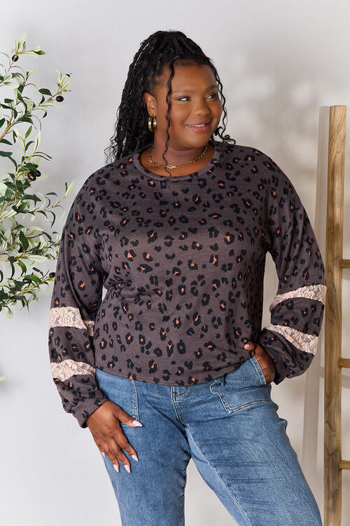 Jade By Jane Full Size Leopard Lace Detail Blouse - Ladyez