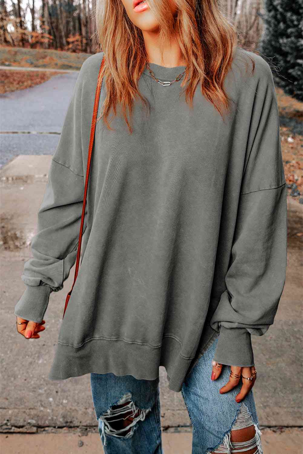 Dropped Shoulder Round Neck Long Sleeve Blouse - Ladyez