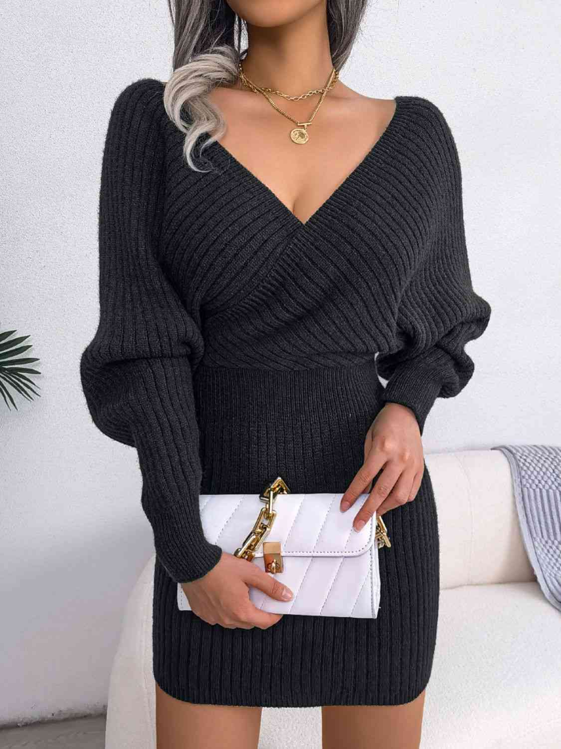 Rib-Knit Dolman Sleeve Sweater Dress - Ladyez