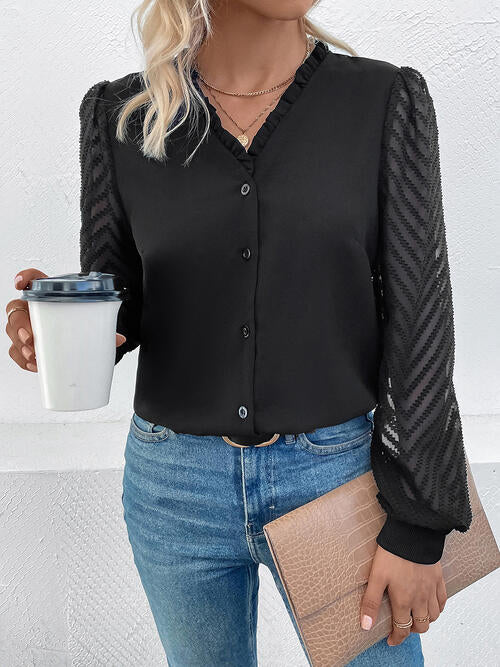 Mesh V-Neck Button Front Blouse - Ladyez