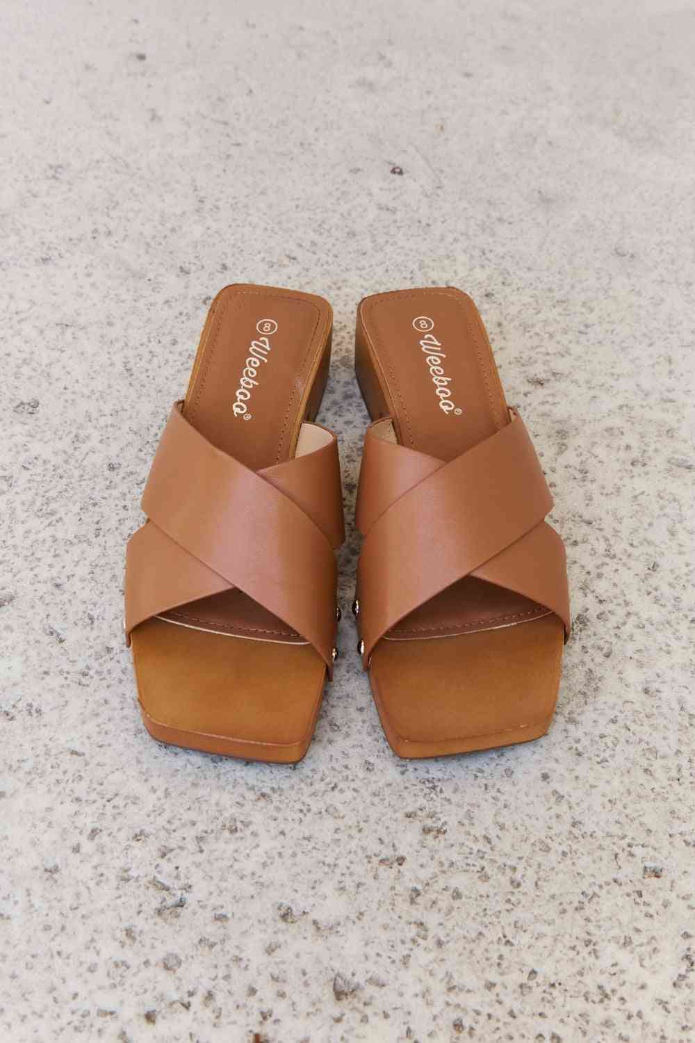 Weeboo Step Into Summer Criss Cross Wooden Clog Mule in Brown - Ladyez