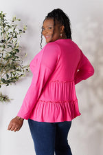 Double Take Half Button Long Sleeve Ruffle Hem Blouse - Ladyez