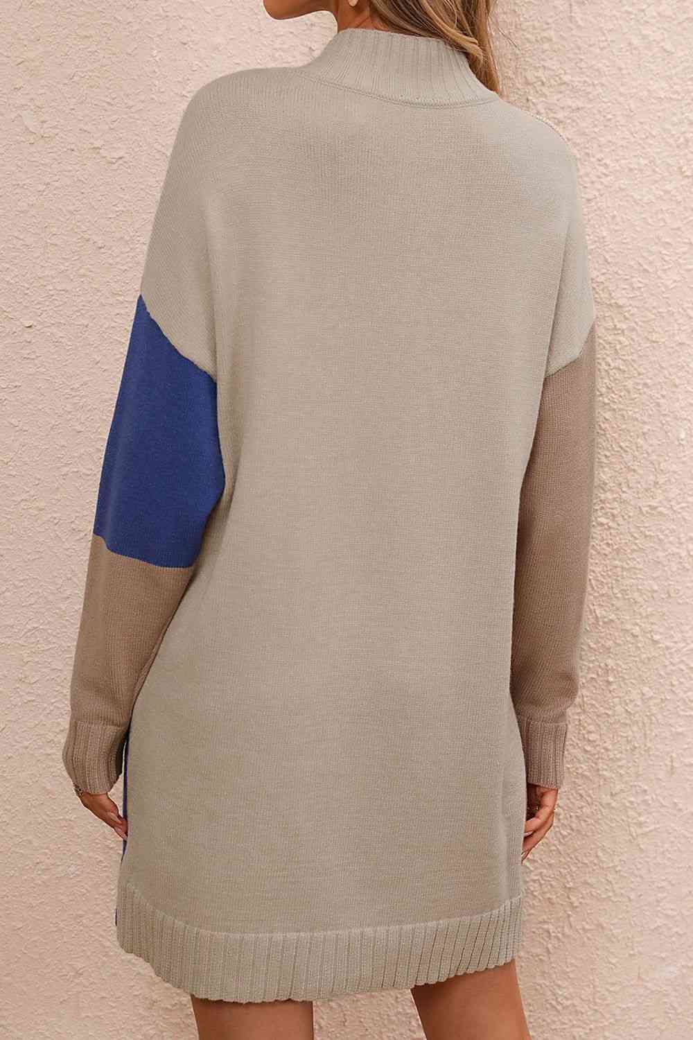 Color Block Mock Neck Dropped Shoulder Sweater Dress - Ladyez