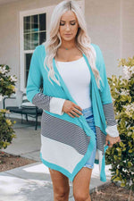 Striped Color Block Open Front Cardigan - Ladyez