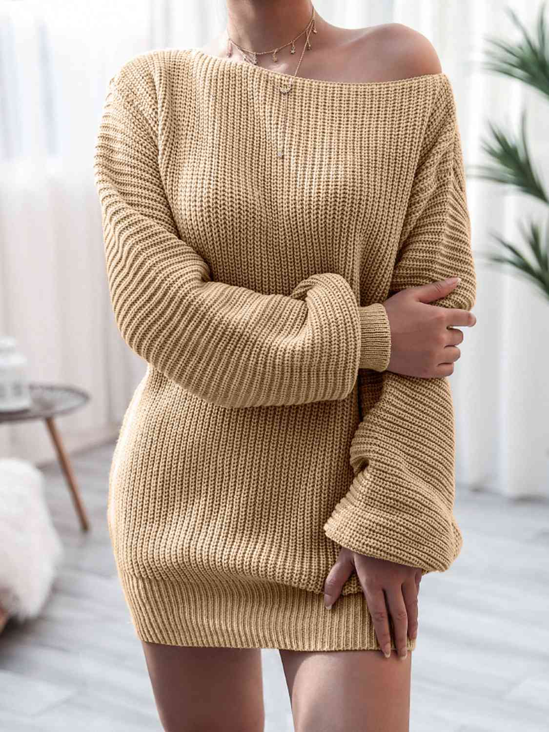 Rib-Knit Mini Sweater Dress - Ladyez