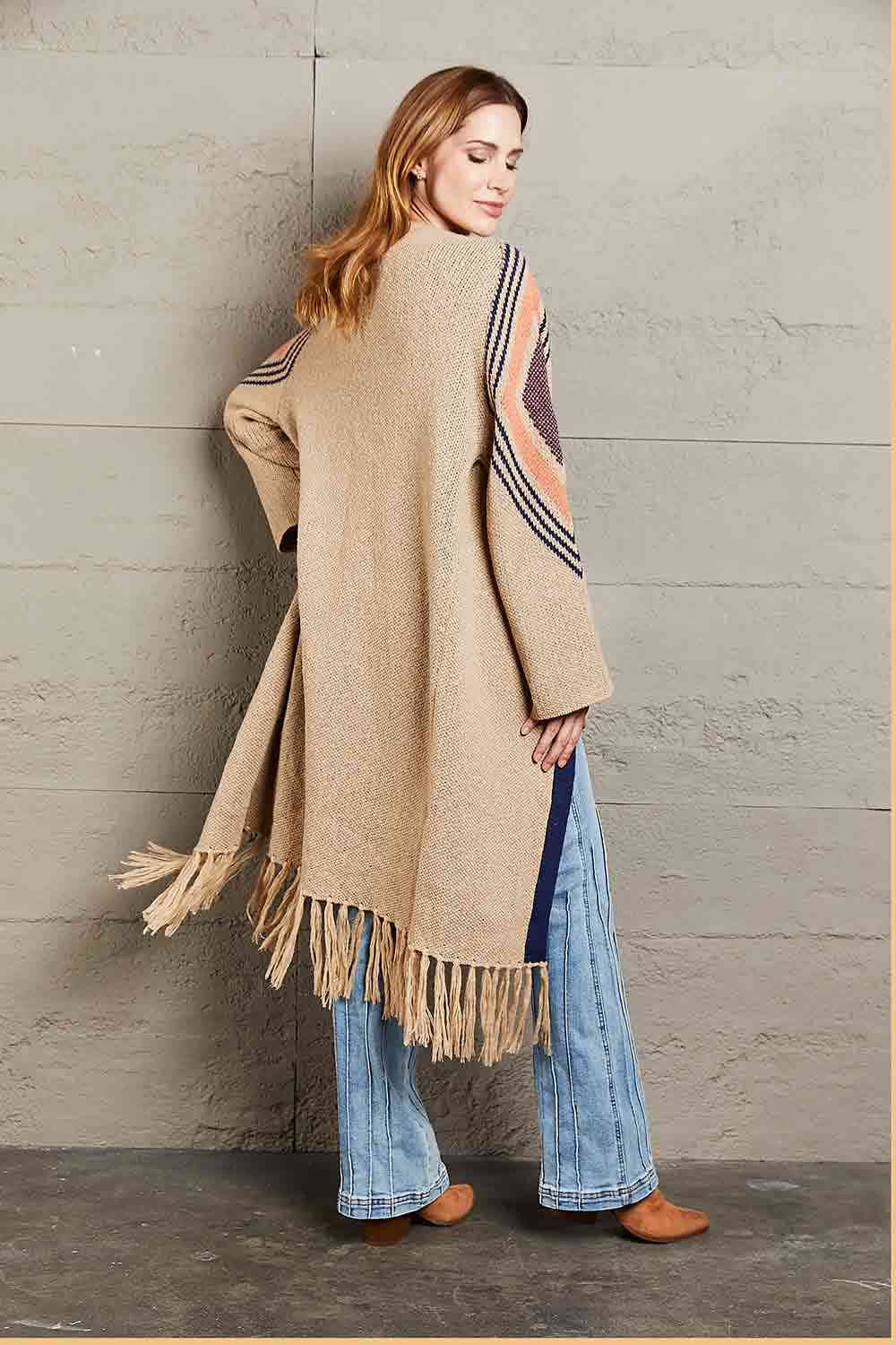 Double Take Geometric Fringe Hem Open Front Duster Cardigan - Ladyez