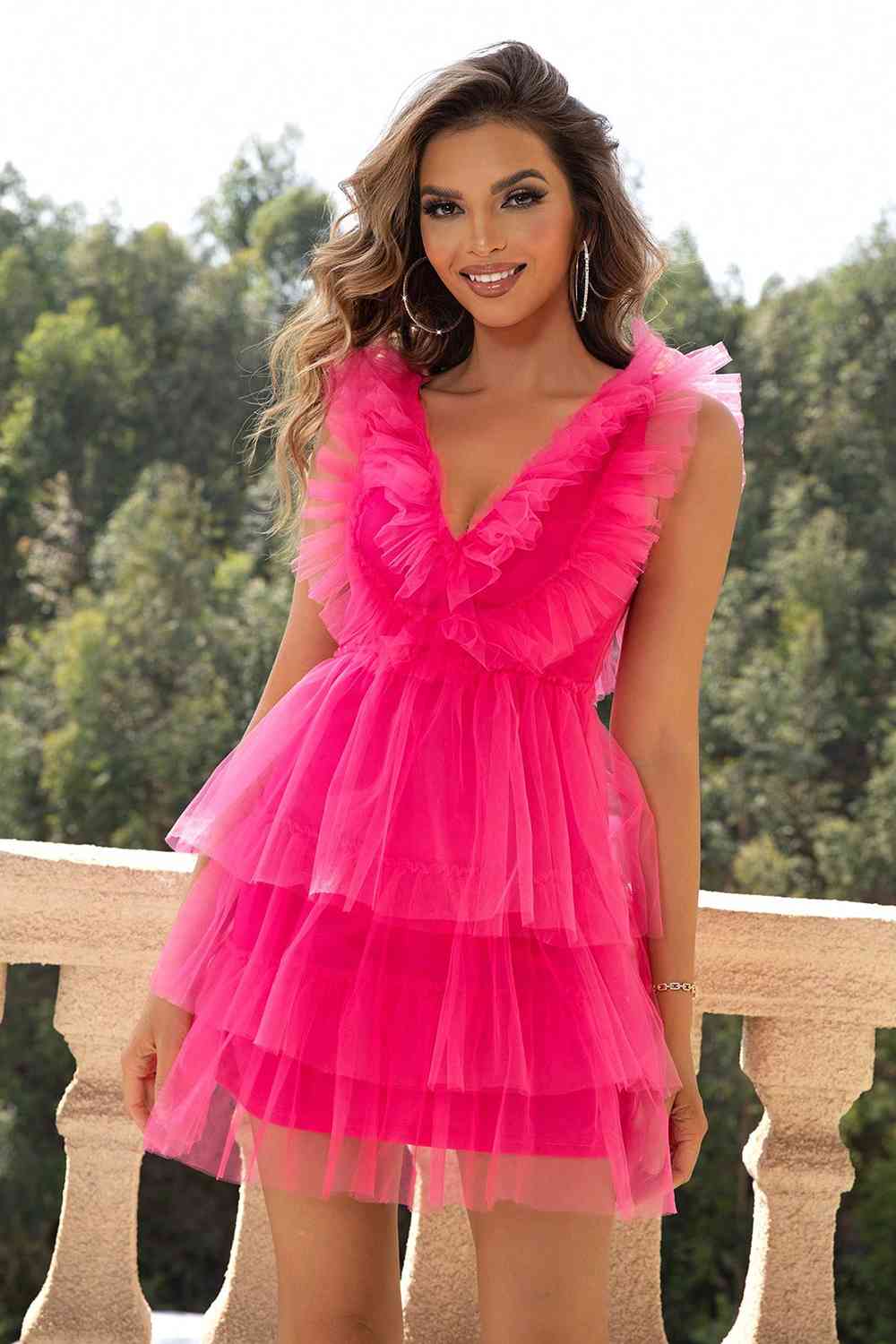 Ruffled V-Neck Sleeveless Mesh Dress - Ladyez