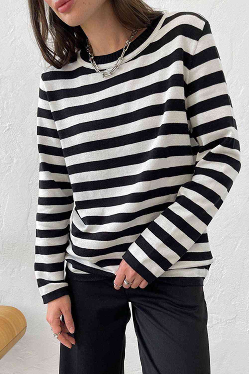 Striped Round Neck Long Sleeve Sweater - Ladyez