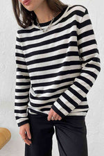 Striped Round Neck Long Sleeve Sweater - Ladyez