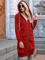 Zip-Up Longline Hoodie with Pockets - Ladyez
