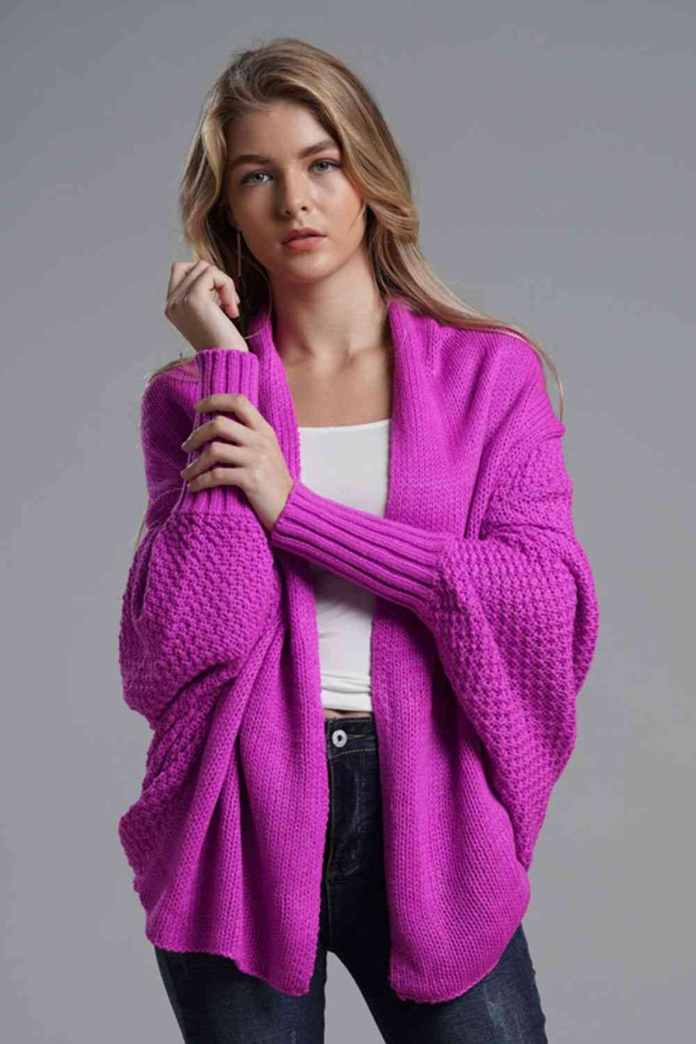 Double Take Dolman Sleeve Open Front Ribbed Trim Longline Cardigan - Ladyez