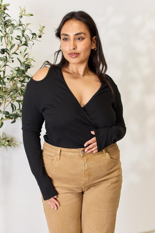 Culture Code Full Size Ribbed Surplice Cold Shoulder Top - Ladyez