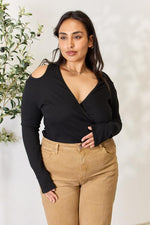 Culture Code Full Size Ribbed Surplice Cold Shoulder Top - Ladyez
