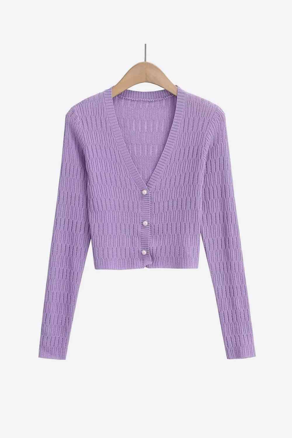 Button Down Long Sleeve Cropped Cardigan - Ladyez