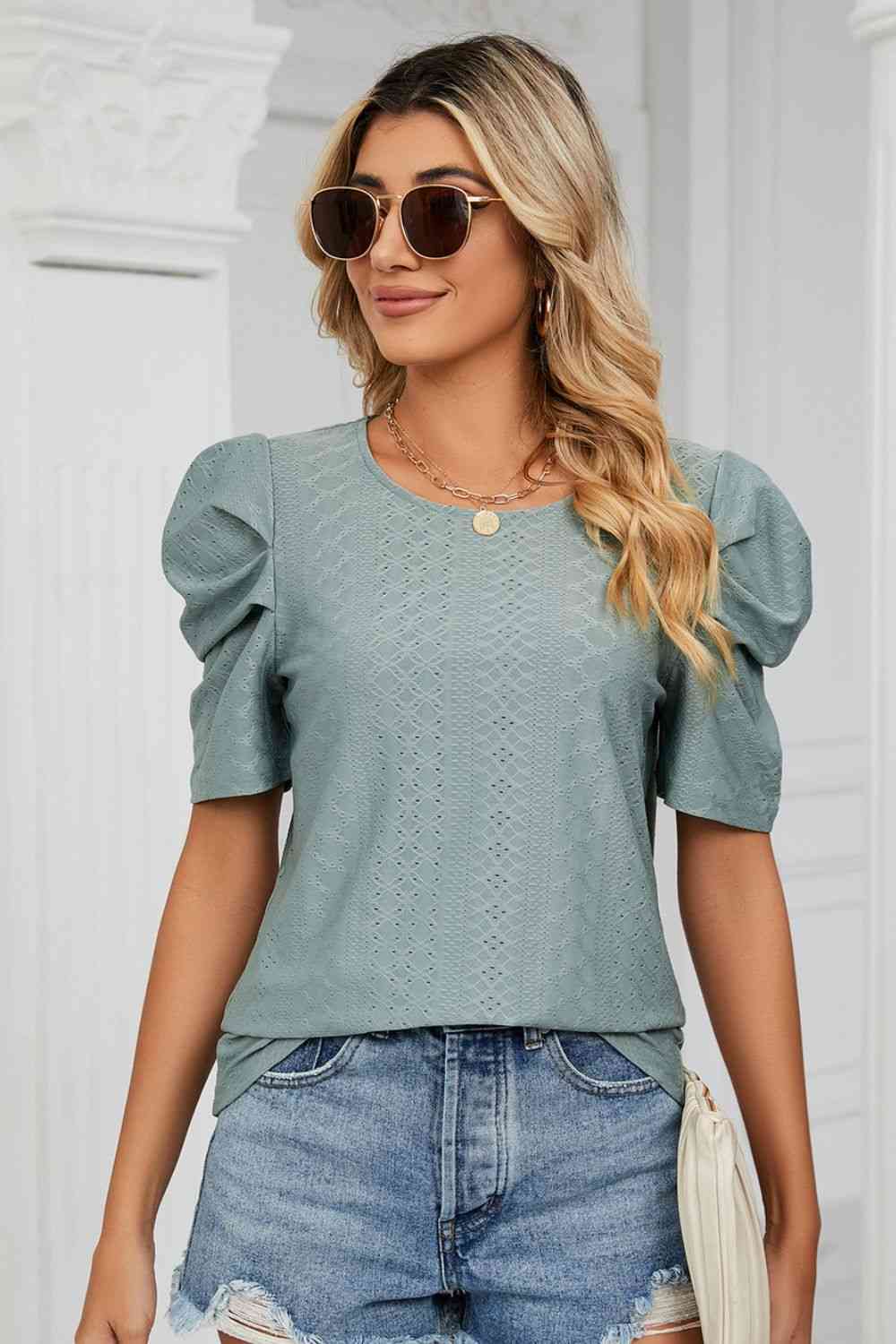 Eyelet Puff Sleeve Round Neck Blouse - Ladyez