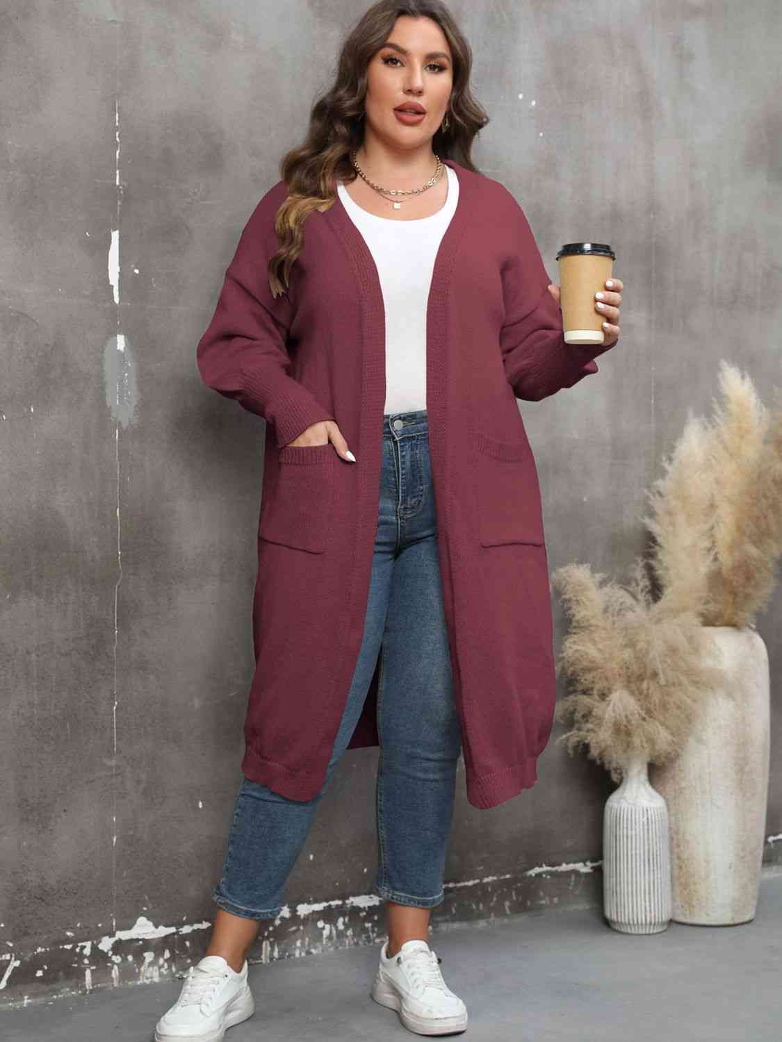 Plus Size Long Sleeve Pocketed Cardigan - Ladyez