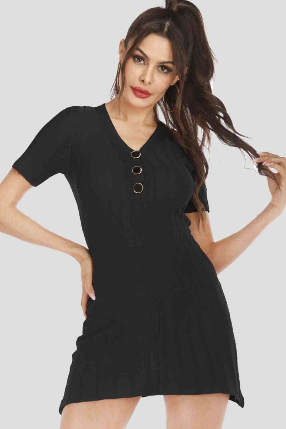 Buttoned Short Sleeve V-Neck Knit Dress - Ladyez
