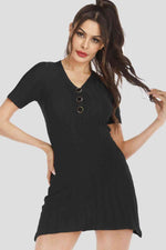 Buttoned Short Sleeve V-Neck Knit Dress - Ladyez