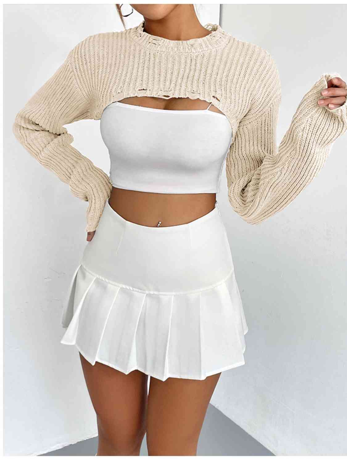 Distressed Long Sleeve Cropped Sweater - Ladyez