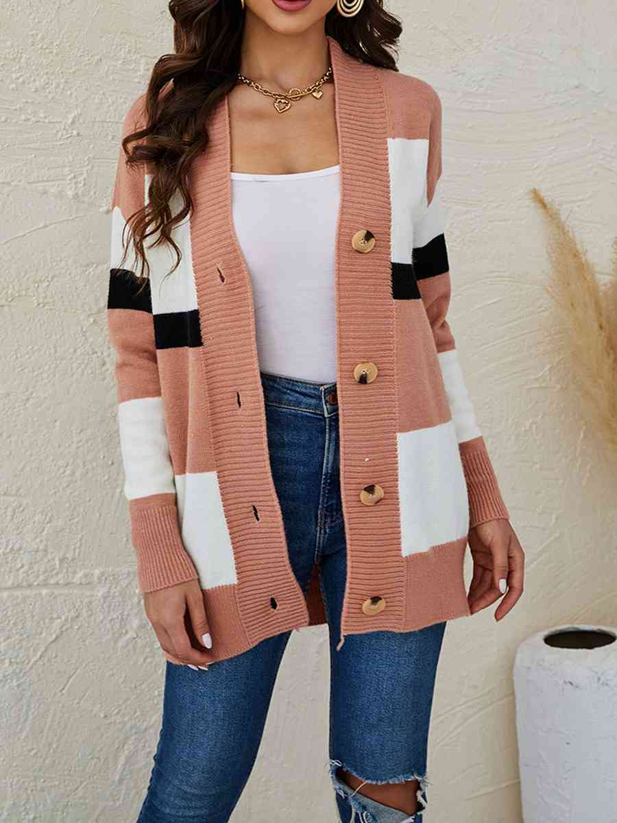Color Block Button Down Cardigan - Ladyez